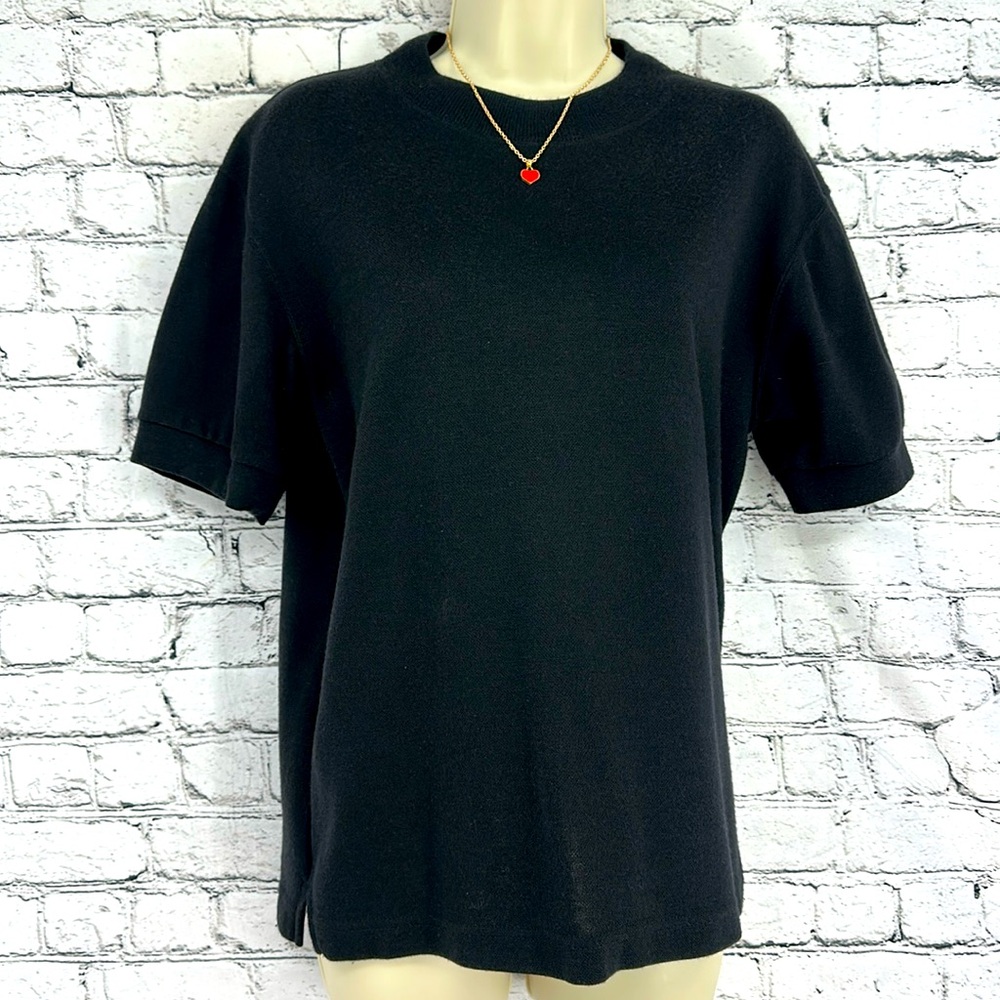 ECCOBAY Vtg Diamond Knit Pattern Short Sleeve Round Neck Casual Top MEDIUM Black